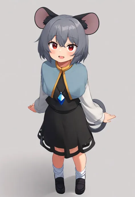 nazrin,1girl, solo, white_shirt, mouse_tail, open_mouth, long_sleeves, grey_vest, mouse_girl, grey_skirt, white_background, simple_background, white_socks, layered_clothes, smile, skirt_set, pendant, black_footwear, crystal, blush, shoes, standing, upper body, white_capelet
<lora:nazrin_image9511_2023-12-20-000006:1>,star-shaped_pupils,symbol-shaped_pupils,. gorgeous,key visual, vibrant, studio anime,award-winning, professional, highly detailed,high budget, cinemascope, from above, thin female, round face