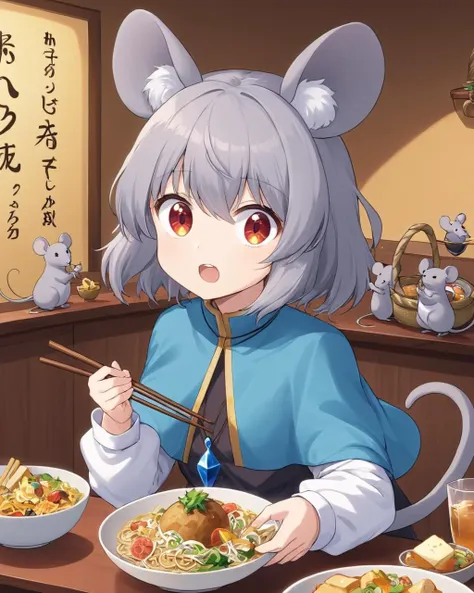 nazrin,1girl, mouse, pendant, mouse_tail, solo, open_mouth, long_sleeves, mouse_girl, holding_chopsticks, food, upper_body, eating, blue_capelet, basket, crystal, white_shirt, english_text, +_+, grey_dress, prehensile_tail, teeth, bowl, signature
<lora:nazrin_image9511_2023-12-20-000006:1>,star-shaped_pupils,symbol-shaped_pupils,. gorgeous,key visual, vibrant, studio anime,award-winning, professional, highly detailed,high budget, cinemascope