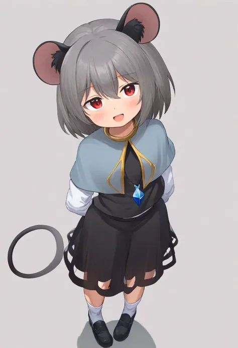 nazrin,1girl, solo, white_shirt, mouse_tail, open_mouth, long_sleeves, grey_vest, mouse_girl, grey_skirt, white_background, simple_background, white_socks, layered_clothes, smile, skirt_set, pendant, black_footwear, crystal, blush, shoes, standing, upper body, white_capelet
<lora:nazrin_image9511_2023-12-20-000006:1>,star-shaped_pupils,symbol-shaped_pupils,. gorgeous,key visual, vibrant, studio anime,award-winning, professional, highly detailed,high budget, cinemascope, from above, thin female, round face