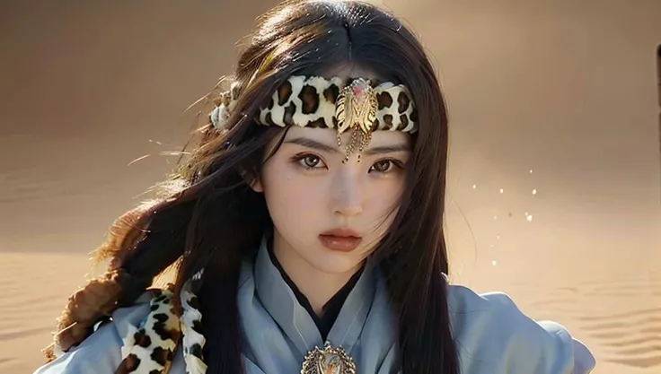 <lora:yaner:0.8>,1girl,shangguanyan,nvshenlong,Chinese woman,leopard print headdress,gold pendant,(solo:2),holding weapon,Desert background,Flying sword, (masterpiece:1.2), best quality, highres,extremely detailed CG,perfect lighting,8k wallpaper,photograph, photorealistic,, best quality , masterpiece, illustration, an extremely delicate and beautiful, extremely detailed ,CG,unity,8k wallpaper, Amazing, finely detail, masterpiece, best quality,official art,extremely detailed CG unity 8k wallpaper,absurdres, incredibly absurdres, huge filesize , ultra-detailed, highres, extremely detailed,beautiful detailed girl, extremely detailed eyes and face, beautiful detailed eyes,light on face,