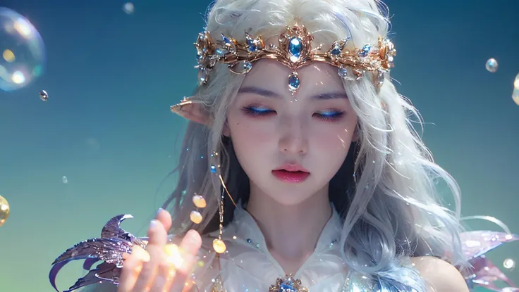 <lora:YU-yaner-v1:0.9>,<(detailedface:1.2):0.2>,
1girl,solo,Evil spirit,long hair,bandeau,hair band,Headwear,realistic,blonde hair,gem,Sparkling crystals under his eyes,
Hair gradient: blue and pink,
Enhance skin texture,
solo,closed eyes,air bubble,bubble,white hair,scales,
pointy ears,Overall structure,, (masterpiece:1.2), best quality, highres,extremely detailed CG,perfect lighting,8k wallpaper,photograph, photorealistic,, best quality , masterpiece, illustration, an extremely delicate and beautiful, extremely detailed ,CG,unity,8k wallpaper, Amazing, finely detail, masterpiece, best quality,official art,extremely detailed CG unity 8k wallpaper,absurdres, incredibly absurdres, huge filesize , ultra-detailed, highres, extremely detailed,beautiful detailed girl, extremely detailed eyes and face, beautiful detailed eyes,light on face,