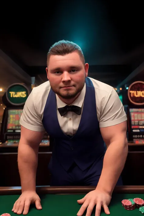 hyperrealistic, (masterpiece), high details, ultra-realistic, photograph of (<lora:jeff:1> beard, chubby:0.7), standing behind a gambling table, leaning forward, looking at viewer, bent forward, arms on counter, blurry casino background, bokeh, 32k, cinematic, midnight,