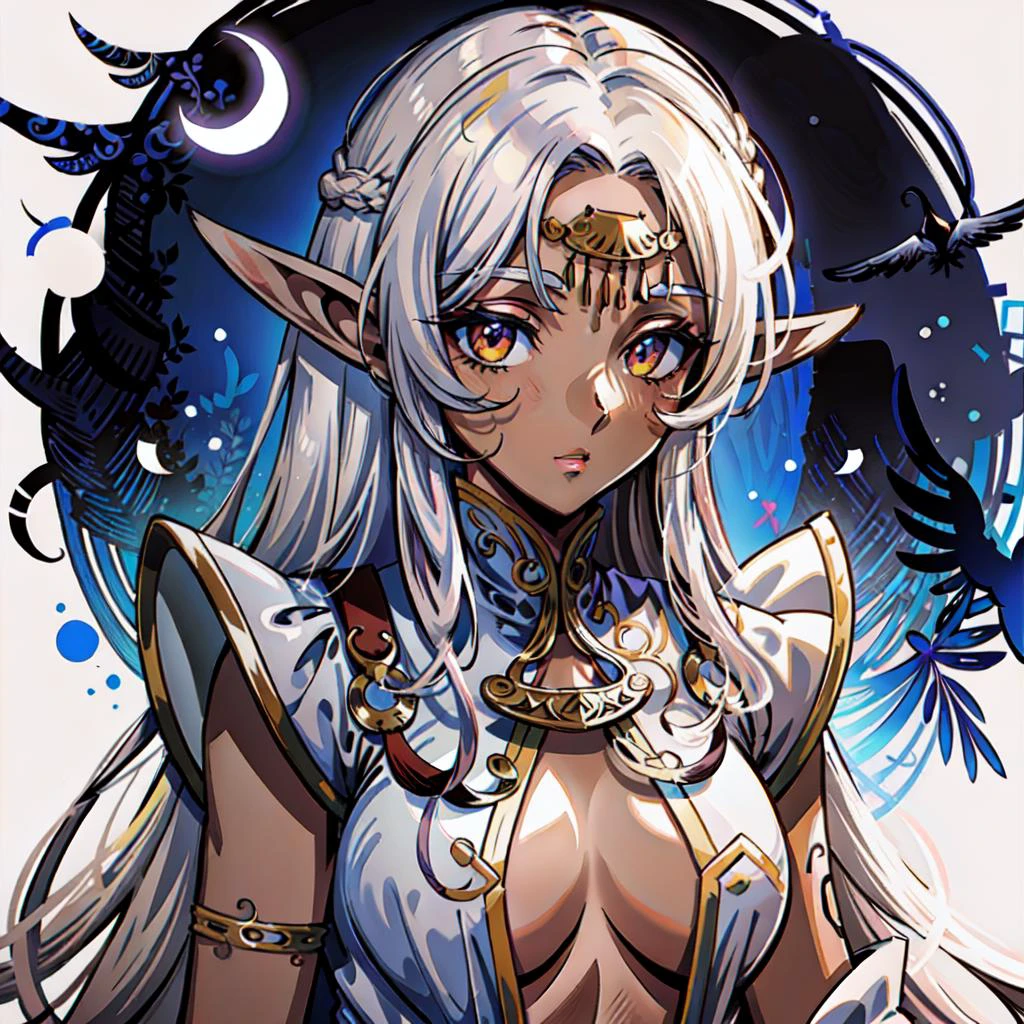 night, haunted forest,<lora:add_detail:.35>, <lora:more_details:.2> AND <lora:Pirotess:1>, masterpiece, high quality, pirotess, 1girl, ((dark skin)), dark elf, pointy ears, long white hair, cleavage cutout, yellow eyes, jewelry, circlet, perfect shadows,