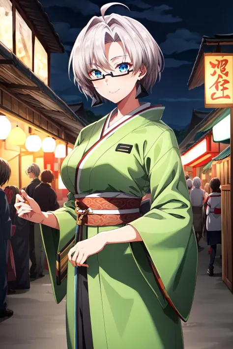 1girl, solo, breasts, short hair, blue eyes, ahoge, grey hair, glasses, semi-rimless eyewear, look at viewer, smile, weaaring kimono, kimono, japanese cloth, cowboy shot, night, lights, festival, outdoor background, reika_kobato