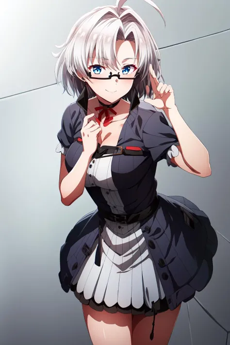 1girl, solo, breasts, short hair, blue eyes, ahoge, grey hair, glasses, semi-rimless eyewear, look at viewer, smile, dress, pose, reika_kobato