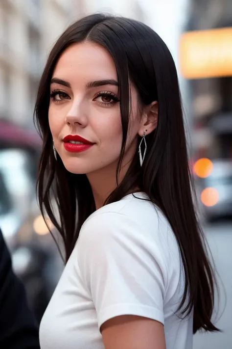 samboss-2844, ((detailed skin, detailed face,detailed eyes, beautiful eyes)), ((red lipstick, eyeliner, eye shadow, blush)), 
 photo of a woman, closeup portrait, perfect hair, (modern photo, Melon tight top), 24mm, (analog, cinematic, film grain:1.3), (on the streets of Paris, nighttime, gritty:1.1), detailed eyes, (seductive pose), (epicPhoto), upper body, (looking at viewer), earrings, (eyeliner, eyelashes)