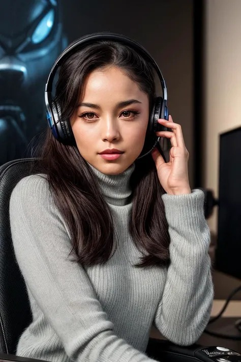photo of extremely sexy (v4lkyr4e:0.99), a woman as a movie star, modelshoot style, (extremely detailed CG unity 8k wallpaper), photo of the most beautiful artwork in the world, professional majestic oil painting by Ed Blinkey, Atey Ghailan, Studio Ghibli, by Jeremy Mann, Greg Manchess, Antonio Moro, trending on ArtStation, trending on CGSociety, Intricate, High Detail, Sharp focus, dramatic, photorealistic painting art by midjourney and greg rutkowski, (tight turtleneck top:1.2), ((headphones)), (sitting on a gaming chair), ((in a gaming area)), ((consoles and videogames in background)), (looking at viewer:1.2), (detailed pupils:1.3), ((closeup portrait:1.1)), (painted lips), (eyeliner), (makeup)