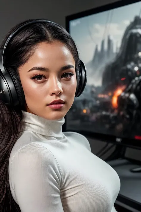 photo of extremely sexy (v4lkyr4e:0.99), a woman as a movie star, modelshoot style, (extremely detailed CG unity 8k wallpaper), photo of the most beautiful artwork in the world, professional majestic oil painting by Ed Blinkey, Atey Ghailan, Studio Ghibli, by Jeremy Mann, Greg Manchess, Antonio Moro, trending on ArtStation, trending on CGSociety, Intricate, High Detail, Sharp focus, dramatic, photorealistic painting art by midjourney and greg rutkowski, (tight white turtleneck bodycon:1.2), (long trousers), ((headphones)), (sitting on a gaming chair), ((in a gaming area)), ((consoles and videogames in background)), (looking at viewer:1.2), (detailed pupils:1.3), ((closeup portrait:1.1)), (painted lips), (eyeliner), (makeup)