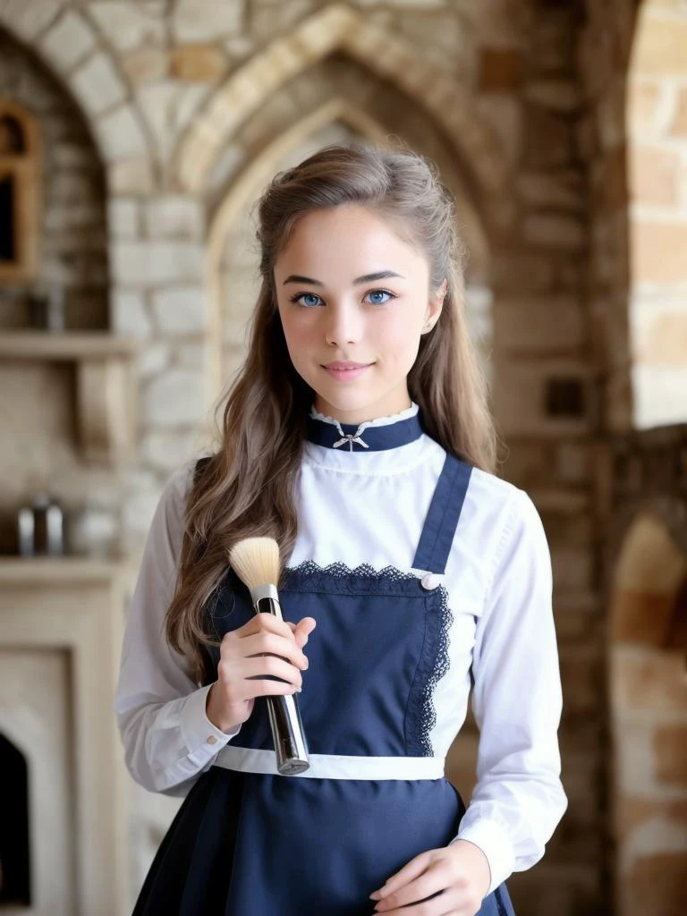 photo of extremely sexy 16 yo (v4lkyr4e:0.99) as neko, 1girl, a woman as a maid, (extremely detailed CG unity 8k wallpaper), photo of the most beautiful artwork in the world, Intricate, High Detail, Sharp focus, dramatic, photorealistic painting art by midjourney and greg rutkowski,
(looking at viewer:1.2), (detailed pupils:1.3), ((full shot:1.5)), (eyeliner), (strong cateye makeup), skinny body, <lora:MyBreastHelperRS:1>, (flat chest:0.8),
<lora:ClothMaid1:0.8>, traditional maid, non-nude, dressed,
(((light blonde hair))), (((blue eyes))),
standing in shy pose, at work, (medieval castle interior:1.2), stone walls and fireplace in the background, happy face, smily eyes, in love, black lacy neck choker,