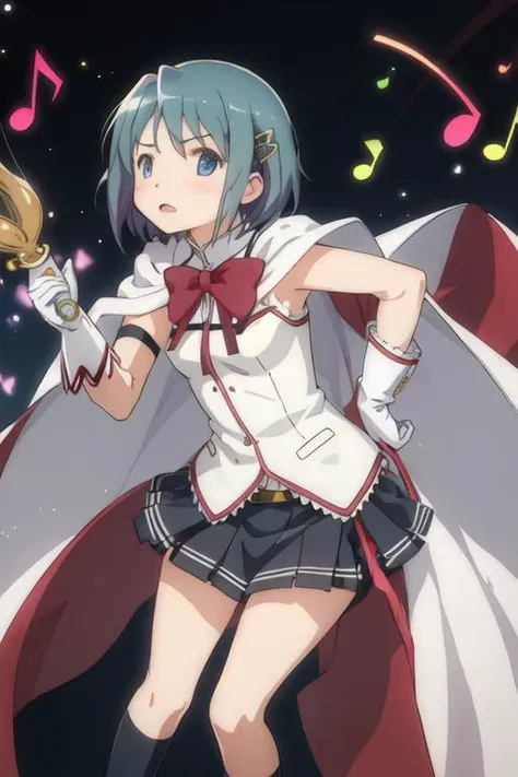 best quality, masterpiece, highres, solo, {miki_sayaka_puellamagimadokamagica:1.15}, short_hair, blue_hair, blue_eyes, hair_ornament, bow, hairclip, parody, 1girl, cape, magical_girl, fortissimo, musical_note, musical_note_hair_ornament, armband, blush