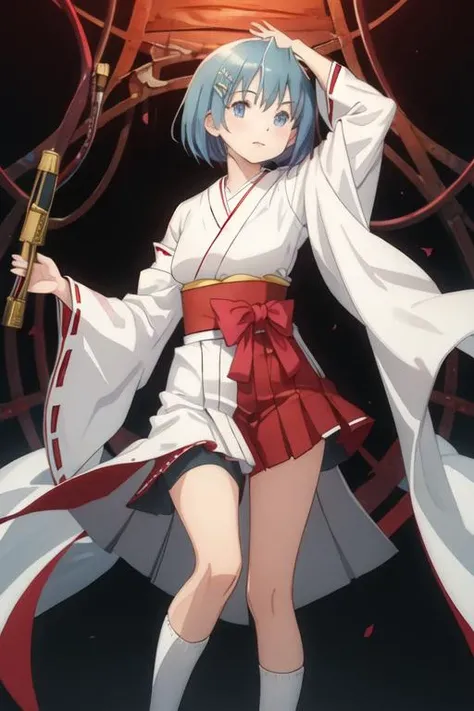 best quality, masterpiece, highres, solo, {white kimono:1.35}, {red hakama:1.35}, {wide sleeves:1.20}, {miki_sayaka_puellamagimadokamagica:1.15}, short_hair, blue_hair, blue_eyes, hair_ornament, bow, hairclip, parody