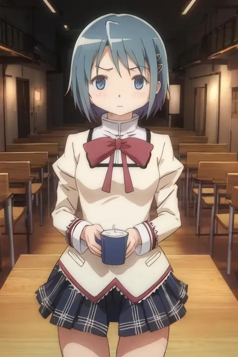 best quality, masterpiece, highres, solo, {miki_sayaka_puellamagimadokamagica:1.15}, short_hair, blue_hair, blue_eyes, hair_ornament, bow, hairclip, parody, 1girl, mitakihara_school_uniform, school_uniform