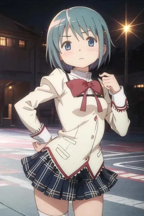 best quality, masterpiece, highres, solo, {miki_sayaka_puellamagimadokamagica:1.15}, short_hair, blue_hair, blue_eyes, hair_ornament, bow, hairclip, parody, 1girl, mitakihara_school_uniform, school_uniform, blush