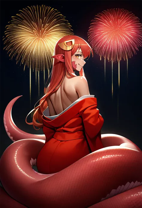 score_9, score_8_up, score_7_up, source_anime, from behind, solo, 1girl, mmmiia, monster girl, lamia, scales, smile, looking back, hair ornament, hairclip, pointy ears, slit pupils, red kimono, off shoulder, bare shoulders, fireworks <lora:monstermusume_miia_ponyXL:1>