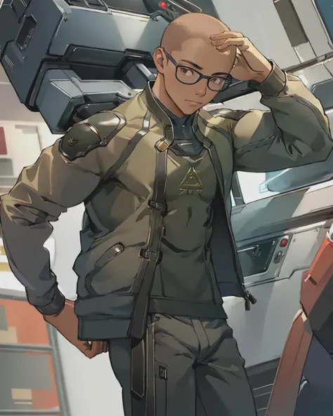 best quality, masterpiece, internguy, standing, looking, looking to viewer, bald, black bomber jacket <lora:Internguy-15:0.8>