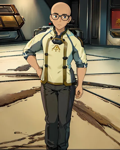 best quality, masterpiece, internguy, standing, looking to viewer, bald <lora:Internguy-15:0.8> <lora:ghibli_style_offset:1>