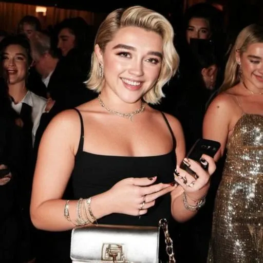 <lora:florence_pugh_loha:1>fl0r3nc3, florence pugh, jewelry, handbag, blonde hair, smile, phone, skirt, bracelet, realistic, bag, 1girl, solo focus, earrings, looking at viewer, holding, multiple girls, brown hair, nail polish, brown eyes