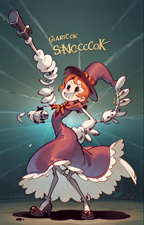 1girl, sgpeacock, mechanical arms, sharp teeth, hat, dress,weapon,teeth,gun,hat,solo,gloves,dress,grin,short hair,smile,orangehair, <lora:peacock-skullgirls:1>,retro art style,<lora:Retro_Style:0.5>