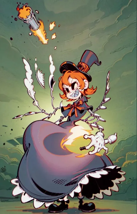 1girl, sgpeacock, mechanical arms, sharp teeth, hat, dress,weapon,teeth,gun,hat,solo,gloves,dress,grin,short hair,smile,orangehair, <lora:peacock-skullgirls:1>,retro art style,<lora:Retro_Style:0.5>