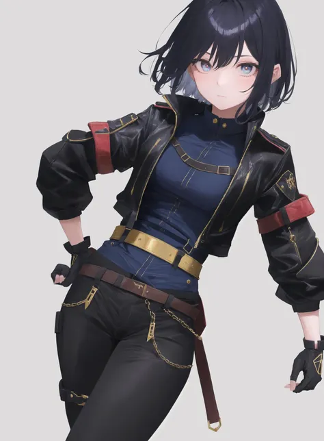 (((best quality))),(((Masterpiece))),(((Extreme detailed eyes))),1Girl,short hair,dark blue hair,emotionless,clothes,long pants,belts,multiple belts,cropped jackets,gloves,long size,center,one hand hanging on hip,