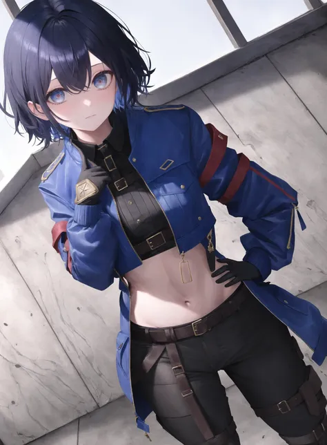 (((best quality))),(((Masterpiece))),(((Extreme detailed eyes))),1Girl,short hair,dark blue hair,emotionless,clothes,long pants,belts,multiple belts,cropped jackets,gloves,long size,center,one hand hanging on hip,