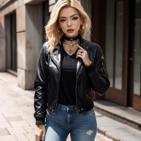 photorealistic, Chantal, <lora:Chantal-10:1.0>, highly detailed face, black jeather jacket, pullover, jeans, upper body shot, dynamic pose, dark makeup, choker, earrings, blonde messy hair
