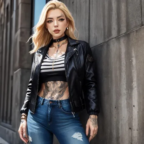photorealistic, Chantal, <lora:Chantal-10:1.0>, highly detailed face, black jeather jacket, pullover, jeans, upper body shot, dynamic pose, dark makeup, choker, earrings, blonde messy hair