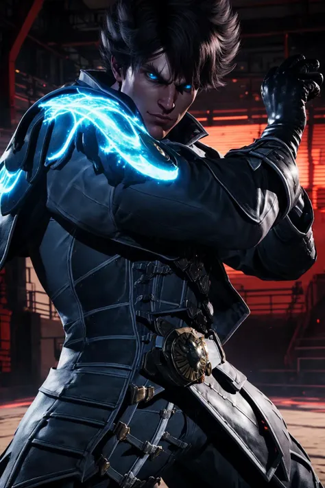 masterpiece, best quality, male focus, black gloves, lars, glowing, fighting stance, pov <lora:lars-000018:0.7>