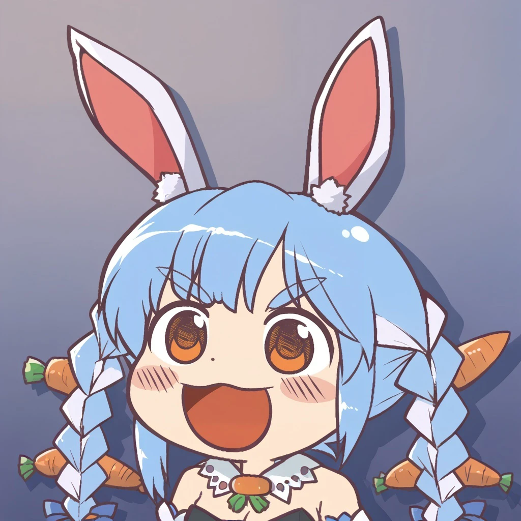 score_9, score_8_up,score_7_up,score_6_up,source_anime, :d,upper body, open mouth chibi,
PekoraBase, orange eyes, thick eyebrows, rabbit ears, two-tone hair, blue hair, white hair, long hair, twin braids, hair ornament, fur collar, white dress, fur-trimmed dress, bare shoulders, black leotard, strapless, cleavage, detached sleeves, puffy short sleeves, black gloves, black pantyhose,
<lora:Ikiyouz-PonyXL-1024px:1> <lora:ChamUsadaPekoraPonyXL:0.8>