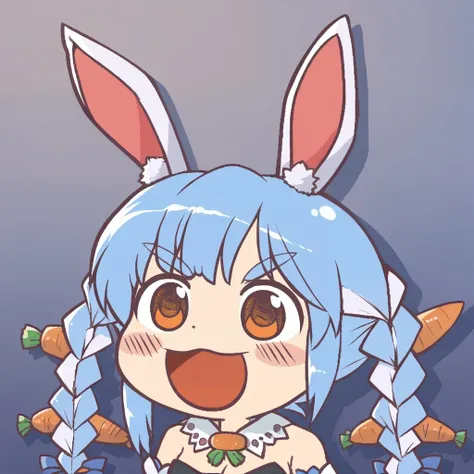 score_9, score_8_up,score_7_up,score_6_up,source_anime, :d,upper body, open mouth chibi,
PekoraBase, orange eyes, thick eyebrows, rabbit ears, two-tone hair, blue hair, white hair, long hair, twin braids, hair ornament, fur collar, white dress, fur-trimmed dress, bare shoulders, black leotard, strapless, cleavage, detached sleeves, puffy short sleeves, black gloves, black pantyhose,
<lora:Ikiyouz-PonyXL-1024px:1>  <lora:ChamUsadaPekoraPonyXL:0.8>