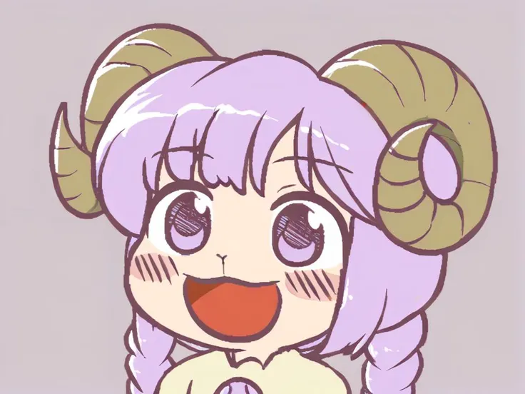 <lora:Ikiyouz-PonyXL-1024px:1>
score_5, score_6,  
1girl, solo, portrait, (blonde)(short)(Braided bun) hair, light purple eyes, smile, open mouth, 
sheep horns