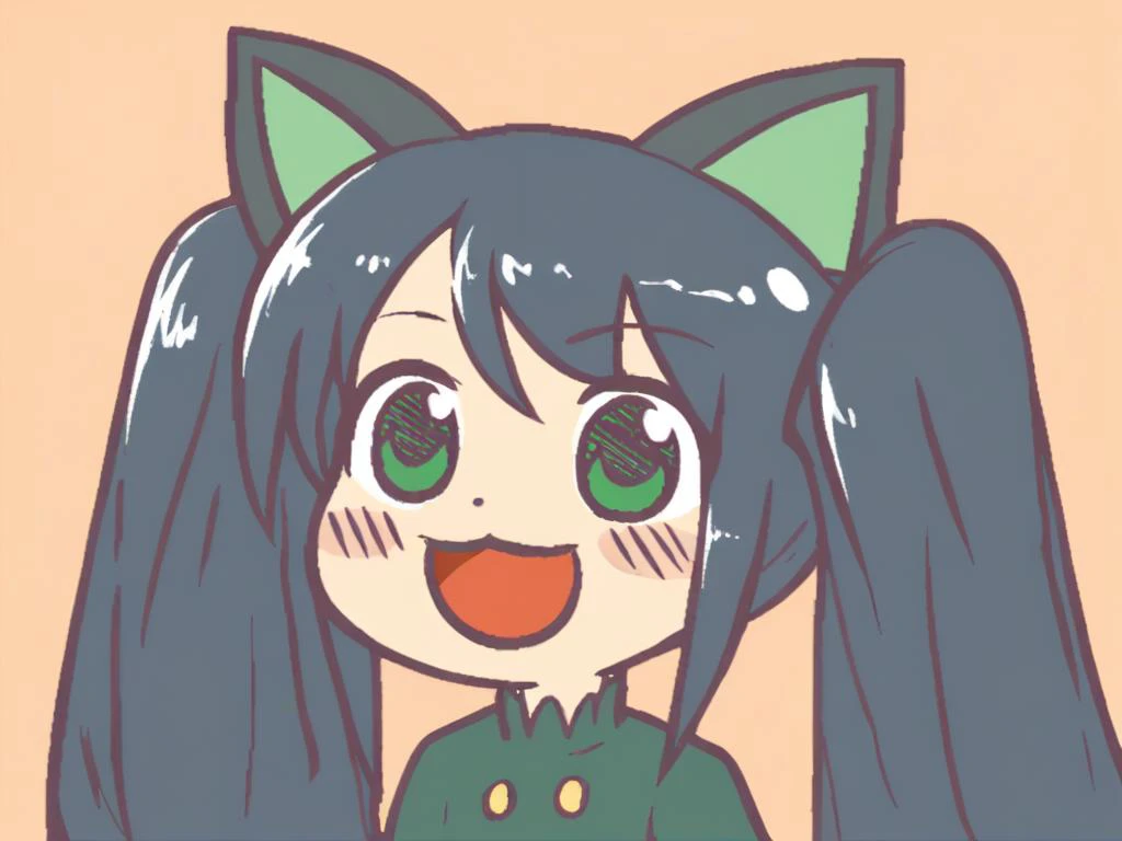 <lora:Ikiyouz-PonyXL-1024px:0.8>
score_5, score_6,
1girl, solo, portrait, (black)(very long)(Twintails) hair, dark green eyes, smile, open mouth, looking_to_the_side,
cat ears