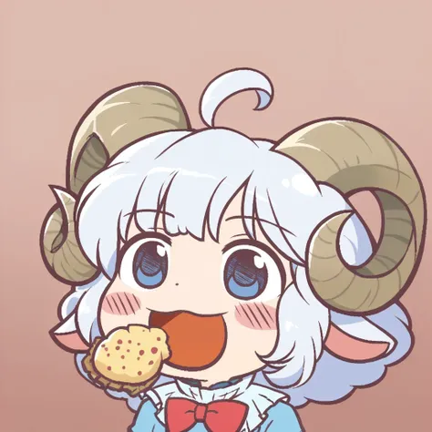 score_9, score_8_up,score_7_up,score_6_up,source_anime, :d,upper body, open mouth chibi,eating,
1girl, solo, sheep girl, sheep horns, blue eyes, white hair, happy, looking down, extreme close-up, simple background, high contrast, blue dress, frills, high collar, bowtie, ahoge 
<lora:Ikiyouz-PonyXL-1024px:1>