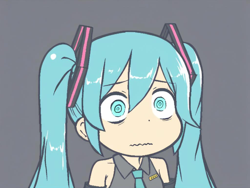 <lora:Ikiyouz-PonyXL-1024px:0.9>
score_5, score_6,
1girl, solo, aqua hair, aqua eyes, twintails, hair ornament, wavy_mouth, teardrop, sleeveless, detached sleeves, short tie, (hatsune_miku:0.5), ringed eyes