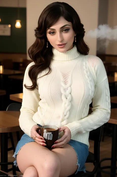 tv_Christina_Cinn_PS, , , wearing a cozy knitted sweater, sitting in a café, holding a steaming mug with both hands, happy expression,, 8k resolution, highres, high detail, sharp focus, detailed skin, 8k uhd,