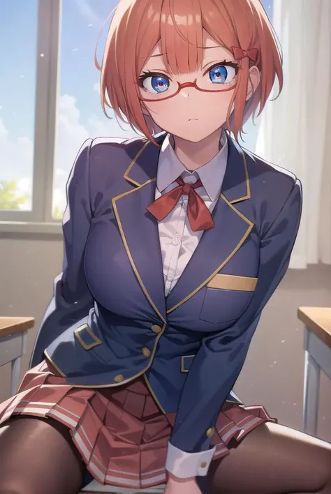 ogatarizu, <lora:rizuogatatest:1>,
rizu ogata, blue eyes, glasses, hair bow, red bow, red-framed eyewear, short hair, orange hair,
BREAK blazer, bow, jacket, pantyhose, pleated skirt, school uniform, shirt, skirt,
BREAK looking at viewer,
BREAK indoors, classroom,
BREAK <lora:GoodHands-vanilla:1>, (masterpiece:1.2), best quality, high resolution, unity 8k wallpaper, (illustration:0.8), (beautiful detailed eyes:1.6), extremely detailed face, perfect lighting, extremely detailed CG, (perfect hands, perfect anatomy),