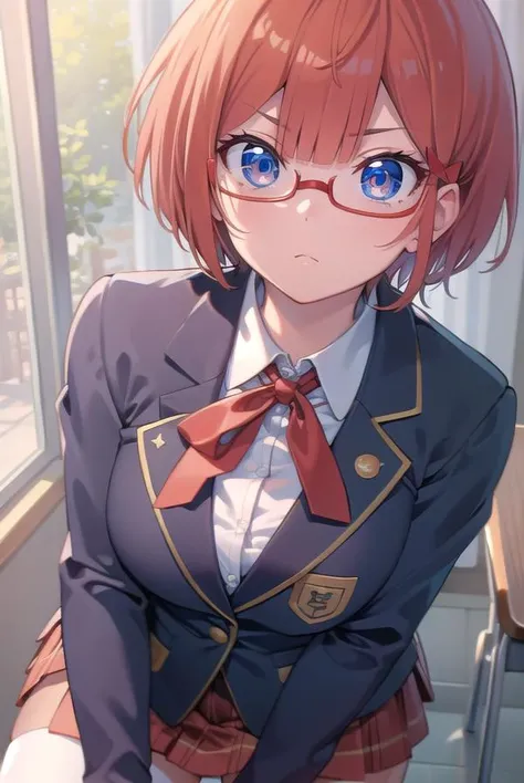 ogatarizu, <lora:rizuogatatest:1>,
rizu ogata, blue eyes, glasses, hair bow, red bow, red-framed eyewear, short hair, orange hair,
BREAK blazer, bow, jacket, pantyhose, pleated skirt, school uniform, shirt, skirt,
BREAK looking at viewer,
BREAK indoors, classroom,
BREAK <lora:GoodHands-vanilla:1>, (masterpiece:1.2), best quality, high resolution, unity 8k wallpaper, (illustration:0.8), (beautiful detailed eyes:1.6), extremely detailed face, perfect lighting, extremely detailed CG, (perfect hands, perfect anatomy),