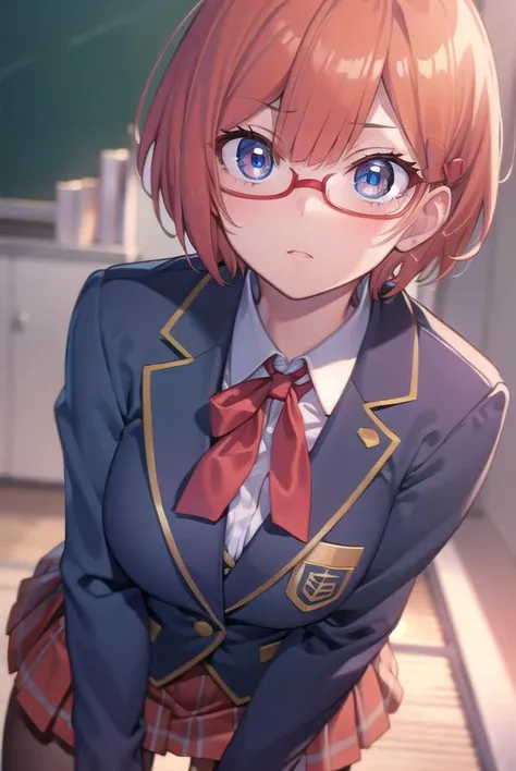 ogatarizu, <lora:rizuogatatest:1>,
rizu ogata, blue eyes, glasses, hair bow, red bow, red-framed eyewear, short hair, orange hair,
BREAK blazer, bow, jacket, pantyhose, pleated skirt, school uniform, shirt, skirt,
BREAK looking at viewer,
BREAK indoors, classroom,
BREAK <lora:GoodHands-vanilla:1>, (masterpiece:1.2), best quality, high resolution, unity 8k wallpaper, (illustration:0.8), (beautiful detailed eyes:1.6), extremely detailed face, perfect lighting, extremely detailed CG, (perfect hands, perfect anatomy),