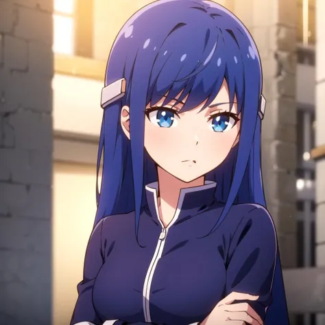 1girl, solo, long hair, blue eyes, hair ornament, blue hair, shirt, pants, upper body, <lora:ErukaVerso:0.6>