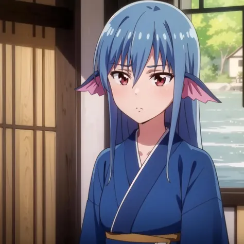 1girl, solo, long hair, red eyes, blue hair, head fins, short blue kimono, short pants, upper body, <lora:Leviathan:0.6>, expressionless