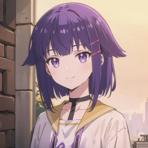 1girl, solo, hair ornament, purple eyes, purple hair, choker, shirt, upper body, smile, <lora:Tia:0.6>