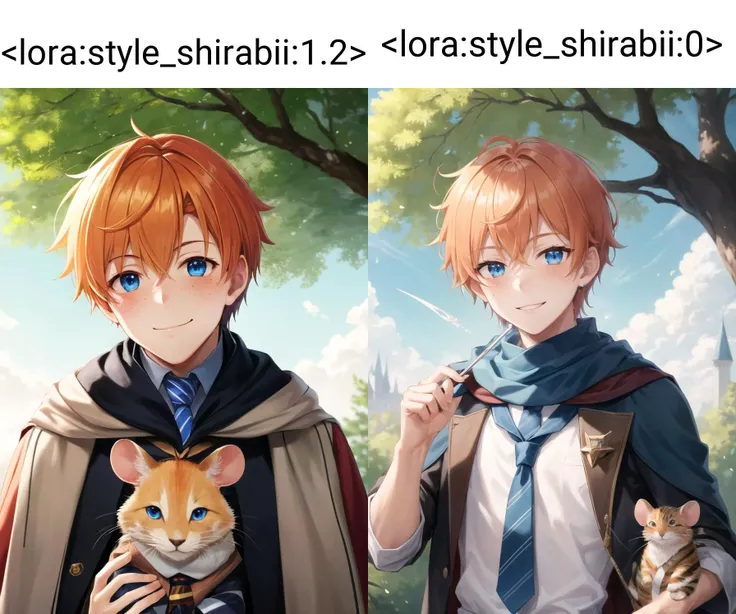 freckles, hogwarts school uniform, 1boy, school uniform, orange hair, blue eyes, necktie, mouse, wand, smile, male focus, food, looking at viewer, short hair, holding, blush, animal on shoulder, upper body, solo, tree, striped, holding wand, animal, scarf, outdoors, animification, nature
<lora:add_detail:0.2>
<lora:style_shirabii:1.2>