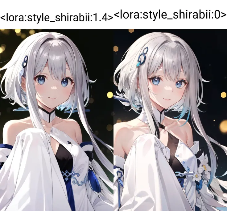 1girl, looking at viewer, <lora:guizhongGenshinImpact_guizhongv1:1.2:MIDD>, hair_ornament, dress, bangs, bare_shoulders, blue_eyes, gradient, oversized sleeves, puffy sleeves, (white sleeves:1.5), white shirt, white dress, silver hair, white hair, chest, elegance, elegant look, intimate, delicate, (smile:0.7)
blurry background, bokeh, blurry, bloom,
<lora:add_detail:0.2>
<lora:style_shirabii:1.4>