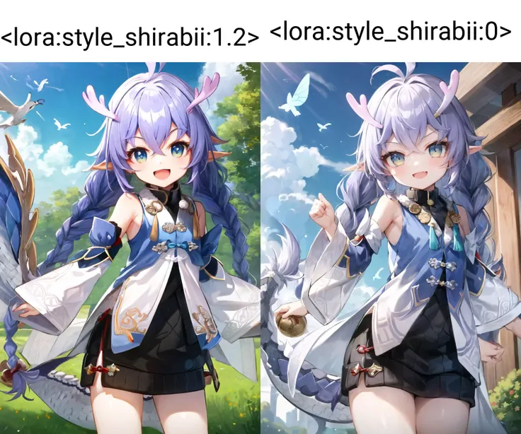 (small girl:1.1), solo, smile, :d, smug,
smile,
bailu,twin braids, (dragon tail:1.0), detached sleeves fur trim chinese clothes yellow tassel, dragon horns,
outdoor, rural style, <lora:bailuHonkaiStarRail0:1> <lora:add_detail:0.2>
butterflies, birds,
<lora:style_shirabii:1.2>
