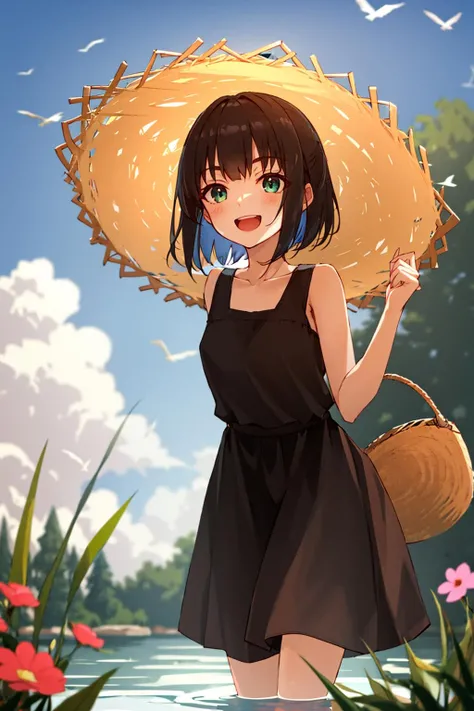 1girl, hat, dress, green_eyes, solo, blurry, bird, depth_of_field, open_mouth, outdoors, blurry_foreground, straw_hat, day, brown_hair, grass, breasts, looking_at_viewer, blurry_background, skirt_basket, long_hair, sleeveless, white_dress, blush, sleeveless_dress, collarbone, smile, bare_shoulders, food, bangs, flower, medium_breasts, standing, skirt_hold, water, wading, bare_arms, small_breasts, sundress, sun_hat, tree, animal, holding, fruit, wet, :d, plant, feet_out_of_frame, eyebrows_visible_through_hair, leaning_forward, sunlight, sky, blue_sky <lora:style_shirabiiT0:1.0>