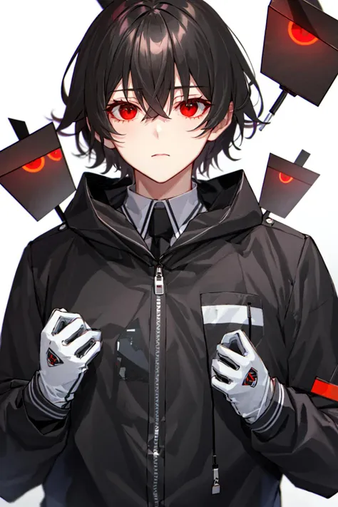 1boy, adjusting_clothes, adjusting_gloves, bangs, black_hair, black_jacket, brown_hair, buttons, closed_mouth, eyebrows_visible_through_hair, gloves, hand_on_own_chest, jacket, long_sleeves, looking_at_viewer, male_focus, military, military_uniform, necktie, red_eyes, shirt, short_hair, simple_background, solo, uniform, upper_body, white_background, white_gloves <lora:style_shirabiiT0:1.0>