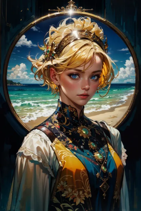 (masterpiece, best quality, ultra-detailed:1.2), absurdres, sun goddess, solo, organic, glowing eyes, sun disk helmet, white plastic, diffuse lighting, fantasy, intricate, elegant, highly detailed, lifelike, photorealistic, digital painting, artstation, illustration, concept art, smooth, sharp focus, art by John Collier and Albert Aublet and Krenz Cushart and Artem Demura, glossy BREAK (short hair, blonde hair, laced hair:1.2)