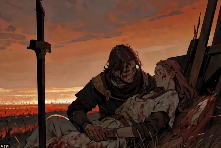 (masterpiece:1.4, best quality), detailed, beautiful and aesthetic, photorealistic, medieval, red sky, beautiful princess crying holding a dead warrior in lap, (bleeding:1.6) warrior on her lap, tragic, sad, (crying:1.2), burning fields background, detailed faces, tragedy, perfect hands, tragic love