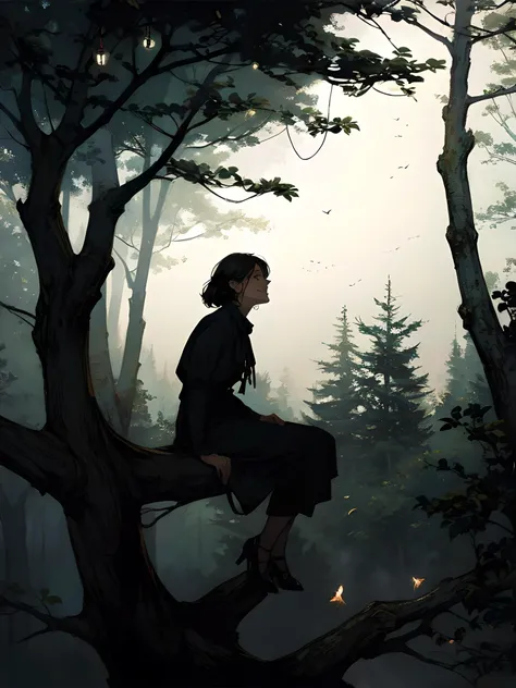 1 woman sitting on a tree smile fog, forest, fireflies Andrew Wyeth (masterpiece ) (best quality) (dramatic lighting, best shadow)