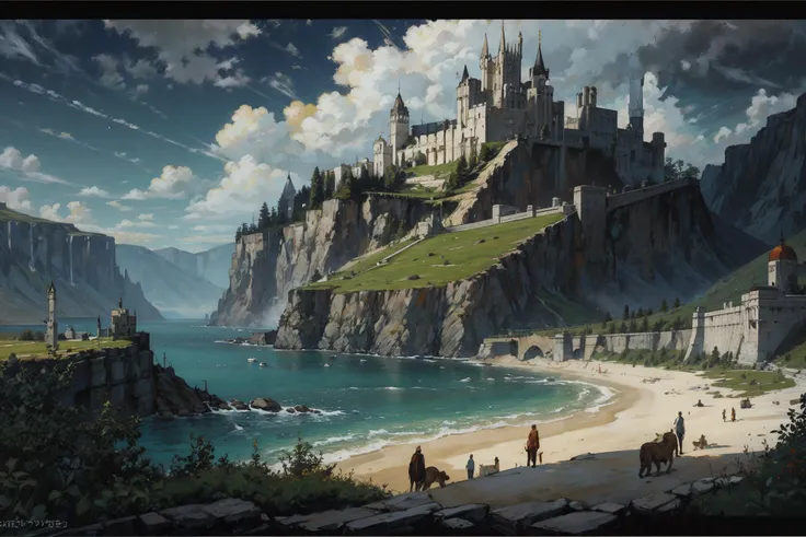 masterpiece, top quality, best quality, official art, oil painting, minas tirith, panorama <lora:tools/epiNoiseoffset_v2>